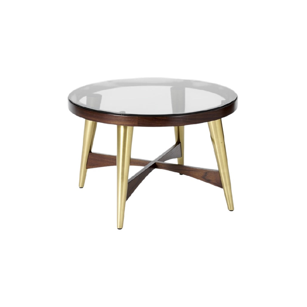 Moderne ronde salontafel met glazen blad en houten poten